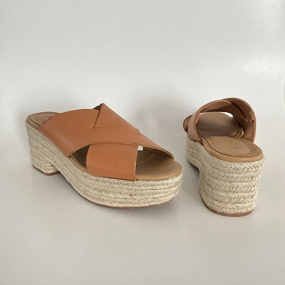 Soludos Leather Platform Cross Strap Open-toe Espadrilles Tan 9